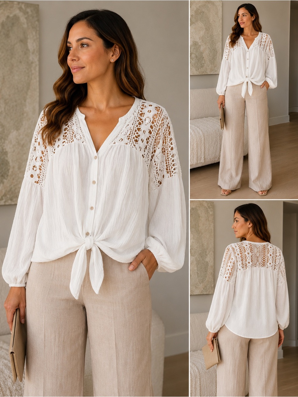 Daytrip White Crochet-Yoke Button Tie Blouse